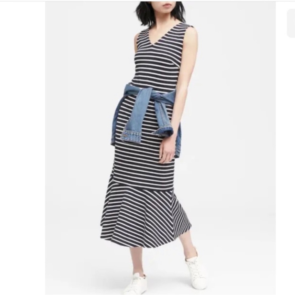 Banana Republic Navy Stripe Ponte Flounce Midi Dress